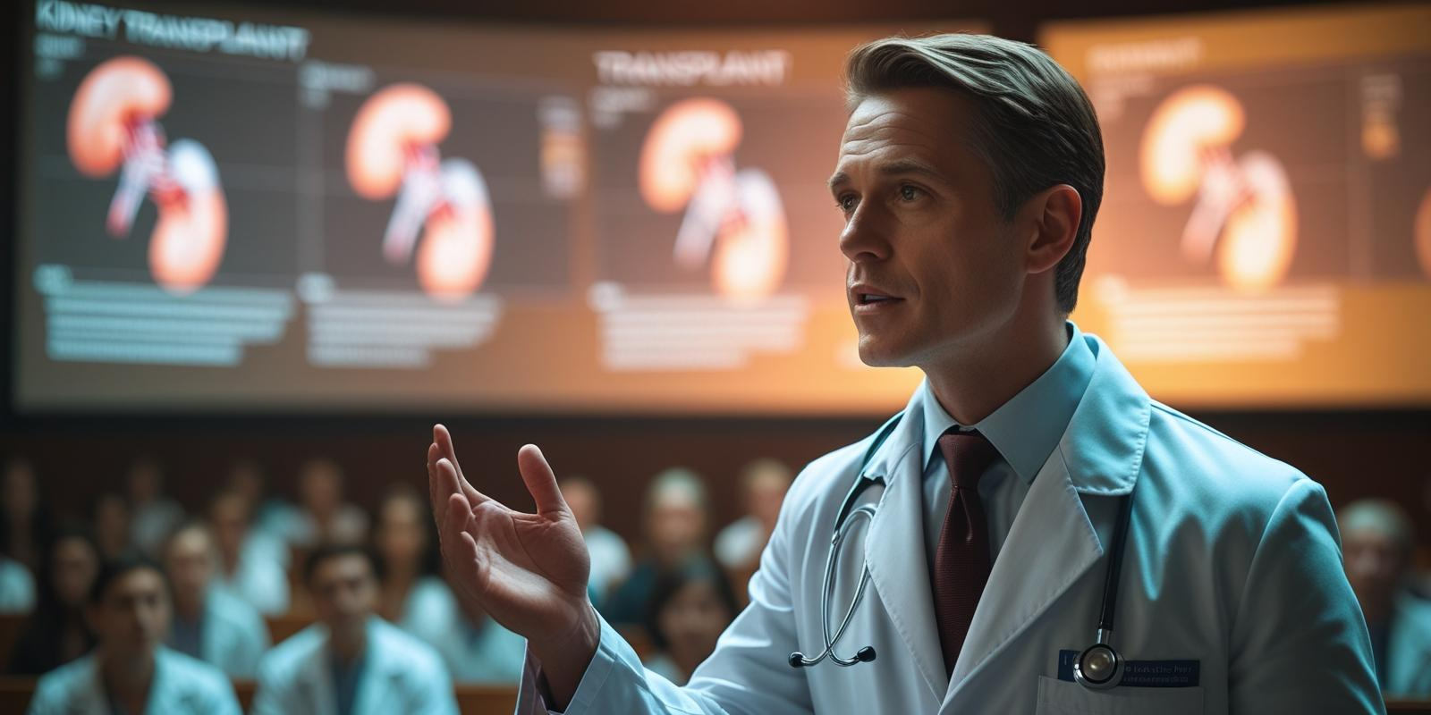 Doctor doing  a presentation on kidney transplant but the writing is not readable